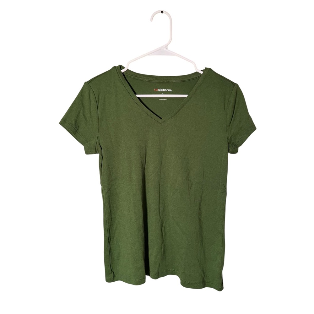 Liz Claiborne Women's Size Small V-Neck T-Shirt Army Green Short Sleeve Cotton